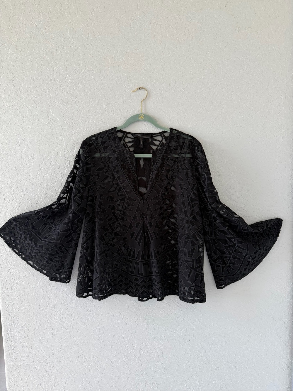 BCBGMAXAZRIA Black Sheer Mesh Bell Sleeve Geometric Blouse M